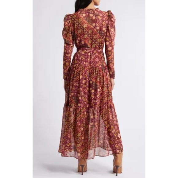 Julia Jordan Maxi Dress Sz 8 Boho Tiered Chiffon Burgundy Floral Long Sleeve - Picture 2 of 16